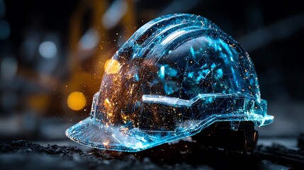 A digitally rendered hard hat glows with data nodes, suggesting construction tech