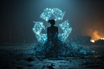 Obraz premium A person sits in a dark space surrounded by bright holographic shapes. The scene showcases digital art and creative expression through technology Generative AI