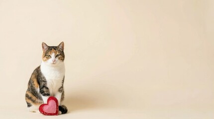 Cute Valentine Pet Advertising Background Cute Cat Sitting Next to Heart-Shaped Box on Light Background Valentine Animal Background with Copy Space