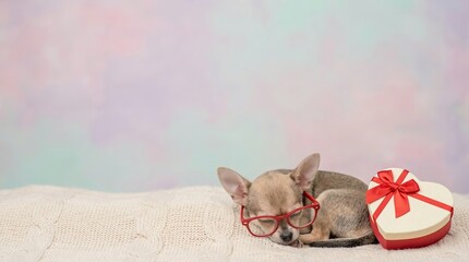 Cute Valentine Pet Advertising Background Cute Chihuahua Wearing Glasses Resting Beside Heart-Shaped Gift Box Valentine Animal Background with Copy Space