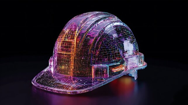 A neon, translucent hard hat, depicting digital structures inside, over a dark background - Powered by Adobe