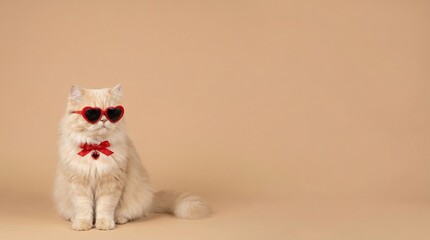 Cute Valentine Pet Advertising Background Adorable Cat in Heart-Shaped Sunglasses Against Soft Beige Background Valentine Animal Background with Copy Space