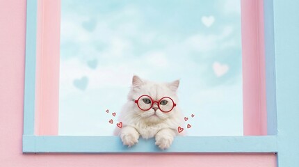 Cute Valentine Pet Advertising Background Cute fluffy cat in glasses looking through colorful window frame Valentine Animal Background with Copy Space