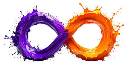 Two-toned fluid art in an infinity symbol shape. Purple and orange splashes on black