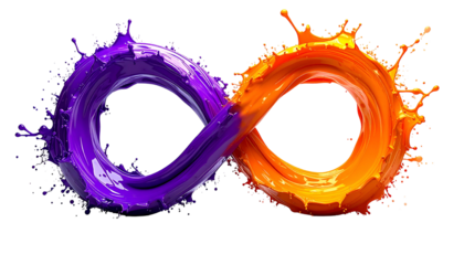 Two-toned fluid art in an infinity symbol shape. Purple and orange splashes on black