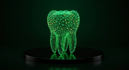 A luminous, green digital tooth hovers on a black platform, pulsating with light, embodying modern dental technology.