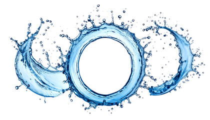Three circular water splashes, surrounding a black void. Dynamic, fluid forms. Transparent blue