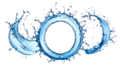 Three circular water splashes, surrounding a black void. Dynamic, fluid forms. Transparent blue