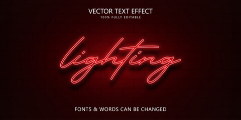 Red Neon Script 'Lighting' Text Effect, Editable Glowing Font Style © wintoko