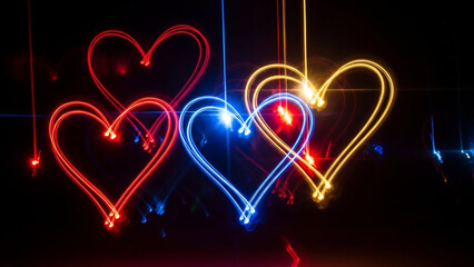 A festive composition of multiple glowing neon hearts in red and blue, with musical notes. A vibrant and modern design for a party, celebration, or Valentine's Day event.