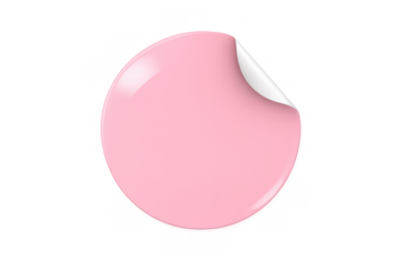 Round pink sticker peeling, blank glossy label template with curled corner, transparent background