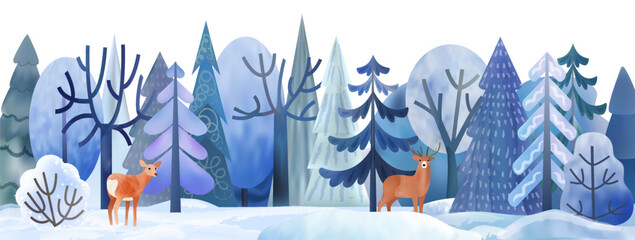 Winter background. Snow trees forest. Watercolor pine woodland. Wild landscape with Nordic reindeer. Horizontal wood postcard. Christmas nature. Scenery drawing. Vector illustration