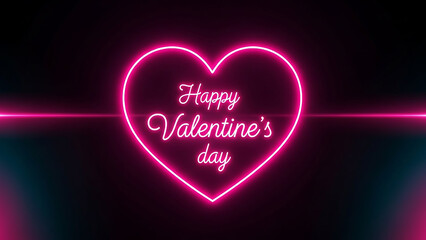 A "Happy Valentine's Day" greeting with a heart shape in a vibrant pink neon light style. A modern and stylish design for a holiday card, banner, or party.