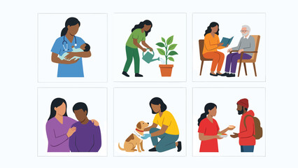 Fototapeta premium Diverse Community Support and Care Services Healthcare Gardening Education Friendship Animal Companionship and Charity