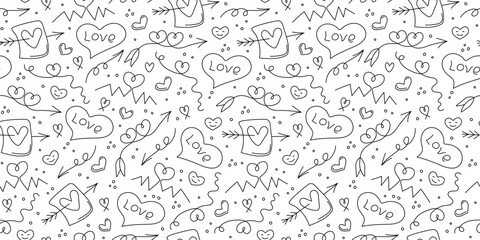 Obraz premium Valentine's Day pattern. Set of line icons, arrows, and hearts. Seamless pattern. Speech bubbles, envelope, lettering, and Valentine's card. Simple wallpaper, repeating background.