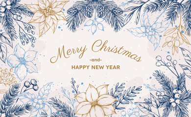 Vintage flower card. Holly winter pattern, sketch plant floral border or xmas botanic mistletoe invite frame. Decorative botanical branches with cones, golden flowers. Vector background