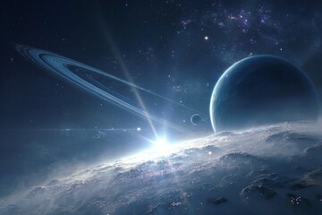 A starfield displays bright light as it reflects off planets and their rings. The scene captures the vastness of space with multiple celestial bodies visible Generative AI