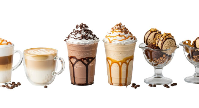 Meticulously arranged six sweet coffee & dessert beverages: macchiato, latte, mocha & caramel frappes, sundaes, on white background with beans, indulgent product photography concept