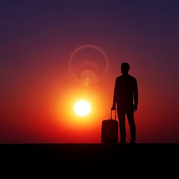 Vector illustration of a businessman silhouette standing alone against a golden sunset sky as a personification of professional art and nature