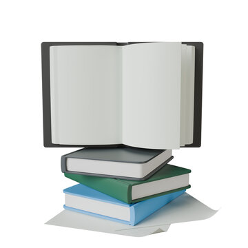 3D render of a stack of books with a book standing open on top