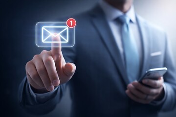 Businessman touching glowing email icon with new message notification alert