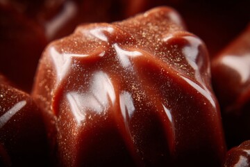 Close view of glossy chocolate praline shows a shiny surface and intricate details. The rich color captures the eye, inviting exploration of its texture Generative AI