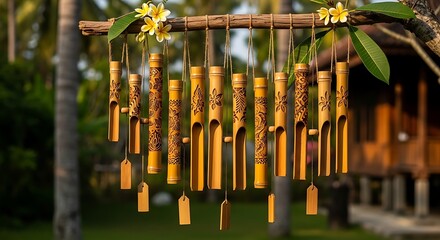 Bamboo Wind Chimes - A Serene Melody in a Tropical Garden.