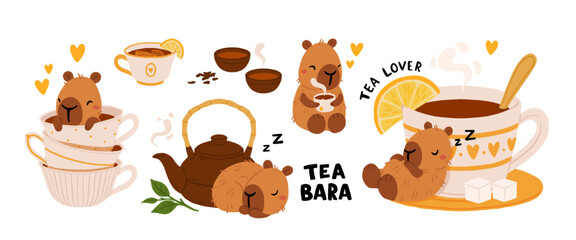 Cute capybara tea time vector set with teacups, teapot, tea lover characters, cozy kawaii animals, hot drink illustrations for wellness, self care and slow living
