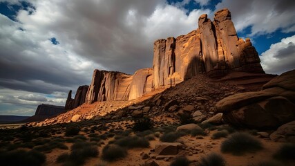 Monument valley desert landscape with iconic sandstone formations under dramatic cloudy sky.