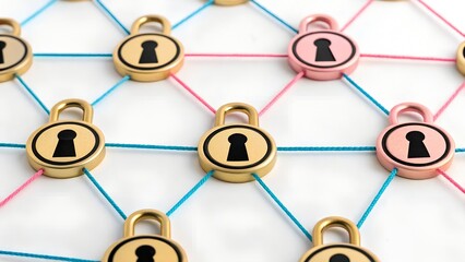 Lock Grid – Gold and Pink Padlocks with Keyhole Icons Connected by Blue and Pink Lines on Dark Background, lock, grid, padlocks, keyhole, gold, pink, lines, secure, network, cybersecurity