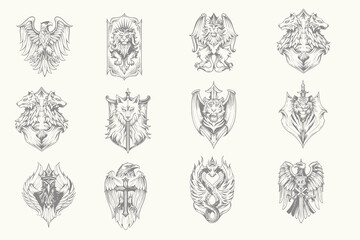 vintage retro style animal Lion, Wolf, Tiger, Eagle, Serpent, Raven vector illustration. Engraving style animal set perfect for T-shirt design. Eps 10