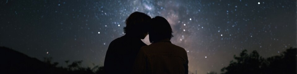 Obraz premium Silhouette of couple stargazing under night sky