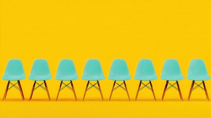 Row of modern blue chairs yellow backdrop
