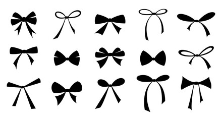 A set of bows, a black silhouette isolated, hand-drawn, vector illustration, flat design. A festive graphic element for decoration, design, gift, congratulations. Cute knotted ribbons