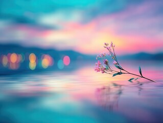 Tranquil flower floating on serene water at colorful sunset
