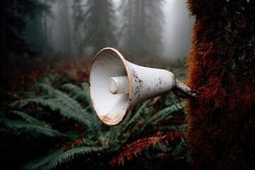 Rustic megaphone attached to tree in misty environment