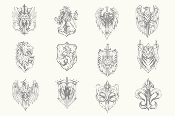 fantasy kingdom vintage style animal Eagle, Serpent, Raven, Lion, Wolf, vector illustration. Retro animal set for creative t-shirt design. Eps 10
