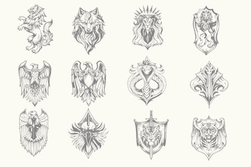 Animals for Heraldry in vintage , Wolf, Tiger, Eagle, Serpent, Raven set for T-Shirt, poster design. Retro halften animal set vector illustration. Eps 10