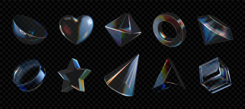 3d glass shapes. Abstract crystal gradient objects, geometric prism effect or hologram sphere, y2k cube reflection figures. UI buttons, star, acrylic heart and diamond. Vector elements