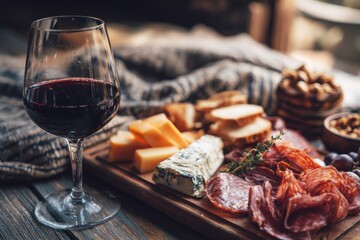 A glass of red wine is placed next to a wooden board filled with different types of cheese, meats, bread, and nuts. The scene shows food prepared for a gathering Generative AI
