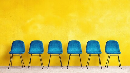 Row of blue chairs vibrant yellow background