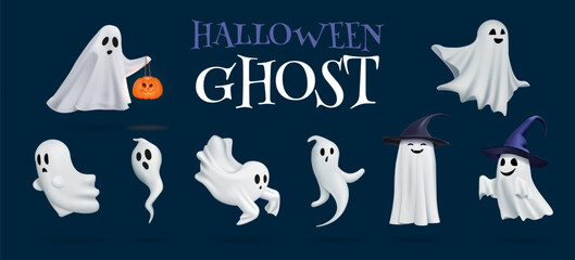 3D Halloween characters. Ghost monster comic emoji. Evil emoticons for scary party. Spooky ghostly spirit flying. Autumn holiday. Happy or sad face emotion expression. Vector render set
