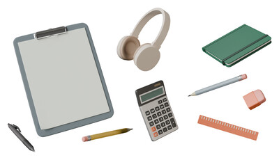 Creative 3D rendering of study table elements flying around