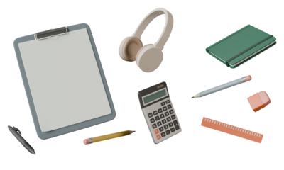 Creative 3D rendering of study table elements flying around