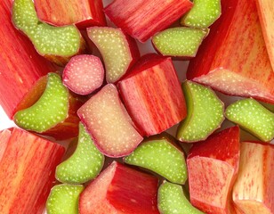 Close-up of freshly cut, colorful rhubarb stalks on a white surface