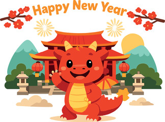 A delightful red dragon stands before a temple