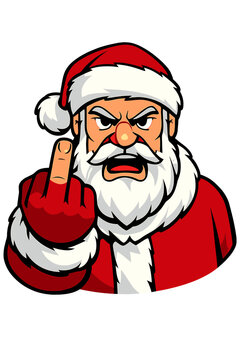 An irate senior with a gray beard in a Santa suit flips the bird at the camera, exuding hostility and negativity, protesting