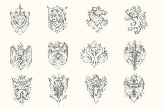 vintage style Royal Heraldic Lion,  Wolf, Tiger, Eagle, Serpent, Raven set for T-Shirt design. Hand drow animal set vector illustration. Engraved coat of arms. Eps 10