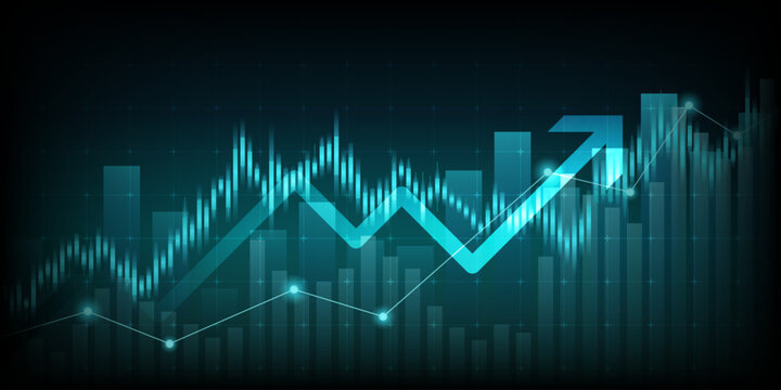 technology financial graph with uptrend line arrow and bar chart of stock market on blue color background