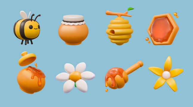 3d honey. Bee hive, flower and jar cute glossy render food, comb and beehive with honeycomb. Cute healthy nectar. Daisy honeybee, pot with dripping liquid vector isolated apiary product set